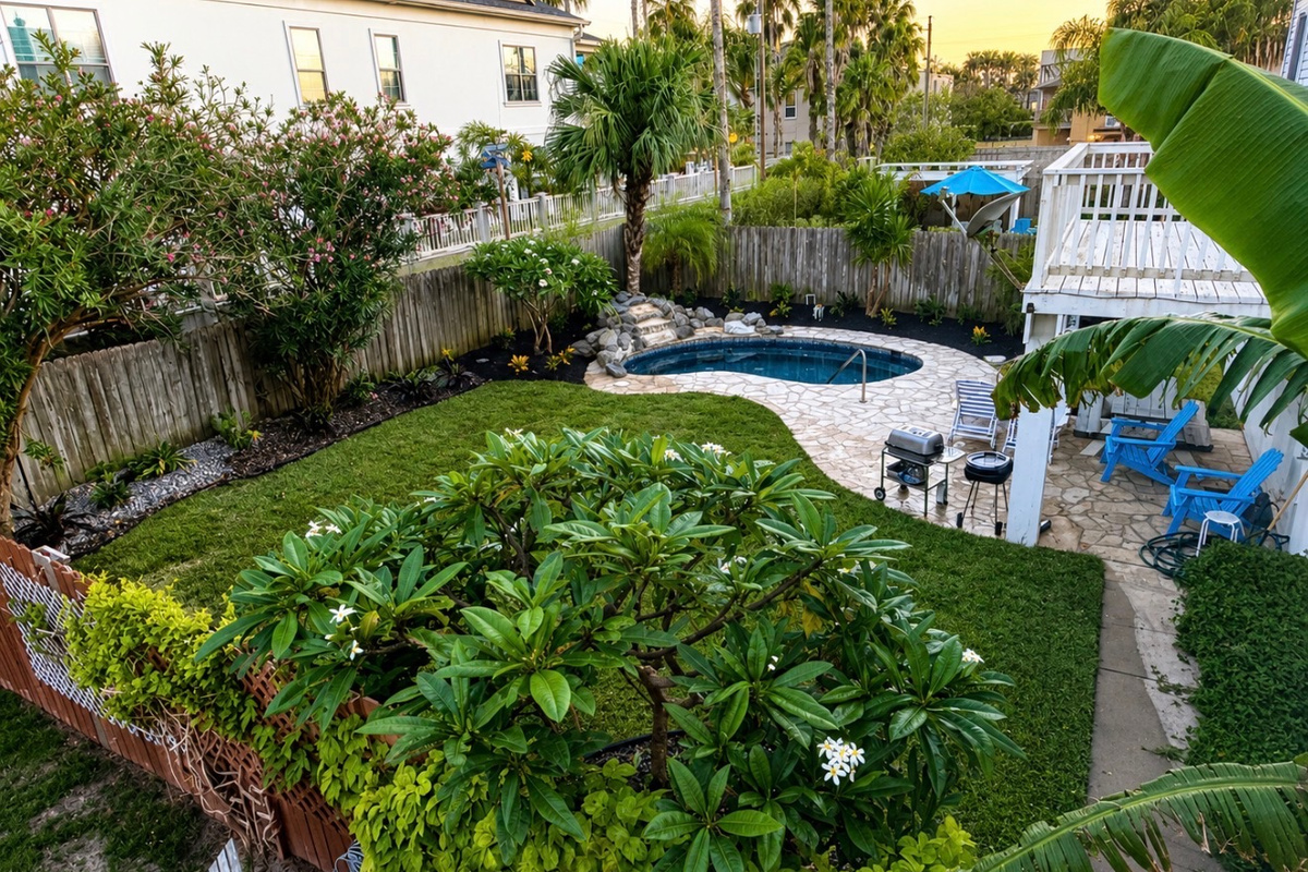 Dine al fresco on the private patio, overlooking your own pool and serene tropical oasis.