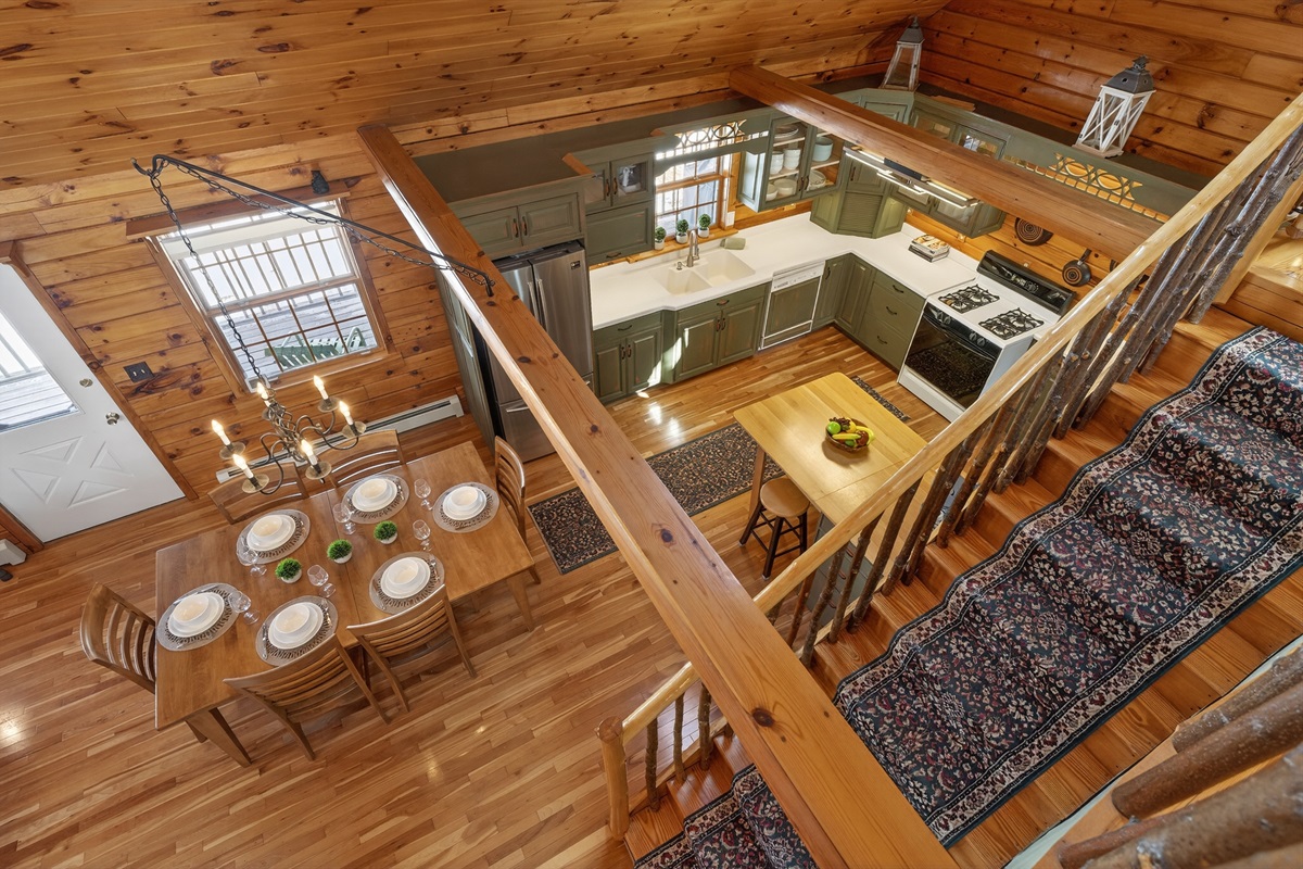 View of kitchen an dining area from upstairs