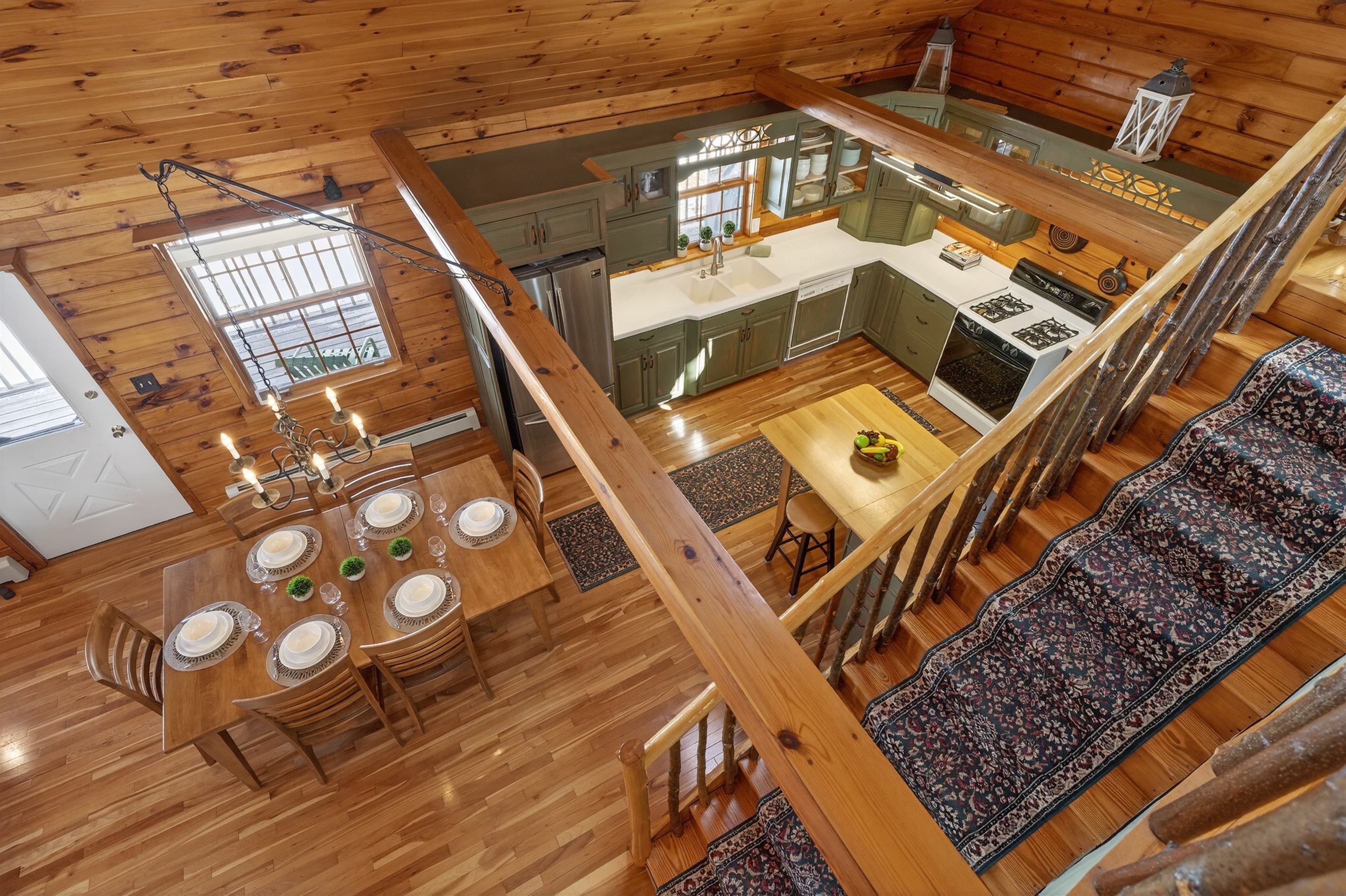 View of kitchen an dining area from upstairs