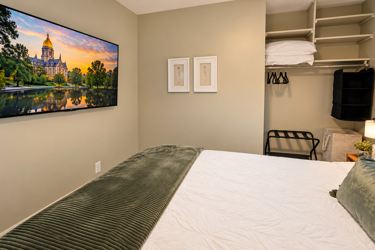 Unwind with your own TV, plus closet storage and a luggage rack for easy unpacking
