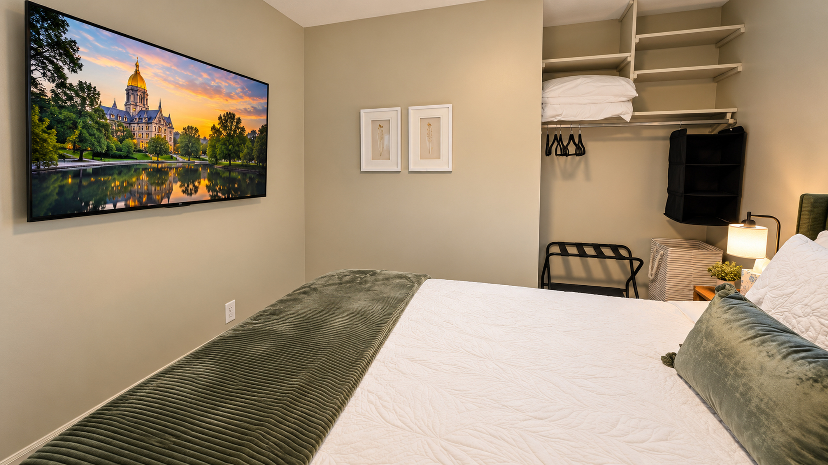 Unwind with your own TV, plus closet storage and a luggage rack for easy unpacking