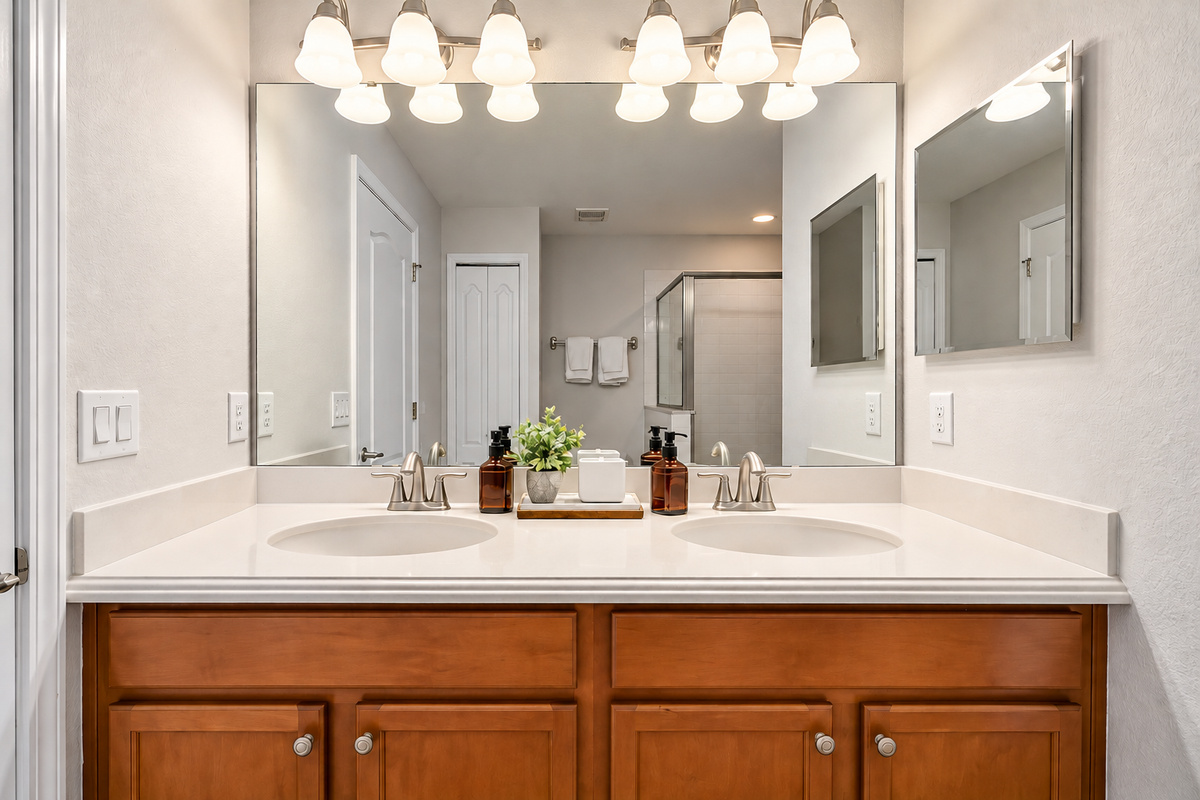 If you stay at a hotel, you all need to share the sinks for tooth brushing. Most of our bathrooms have double sinks making it easier on everyone.