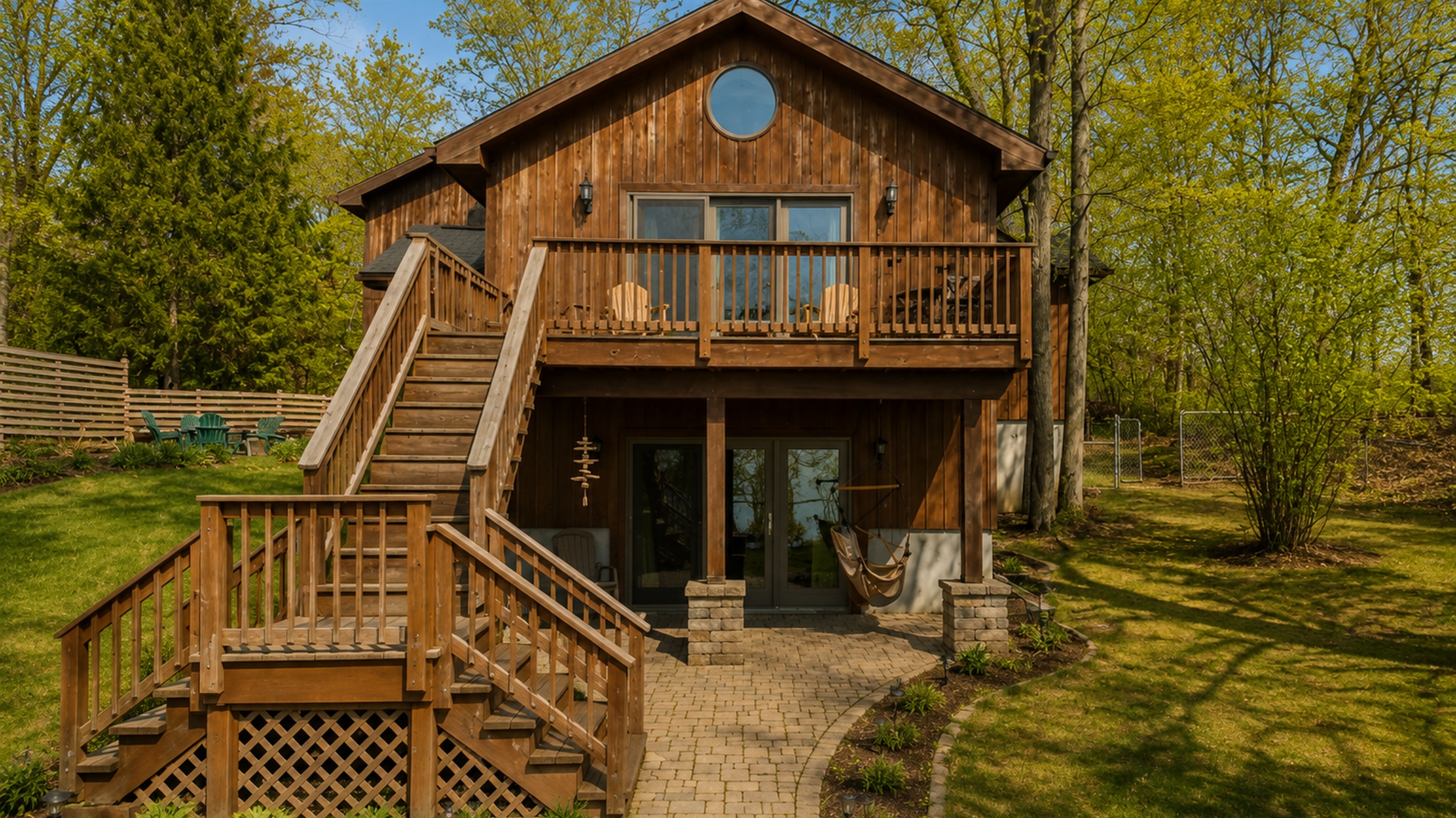 Step into this inviting lakeside cabin featuring a spacious deck, large windows, and cozy hammock, perfect for enjoying nature and lakeside views