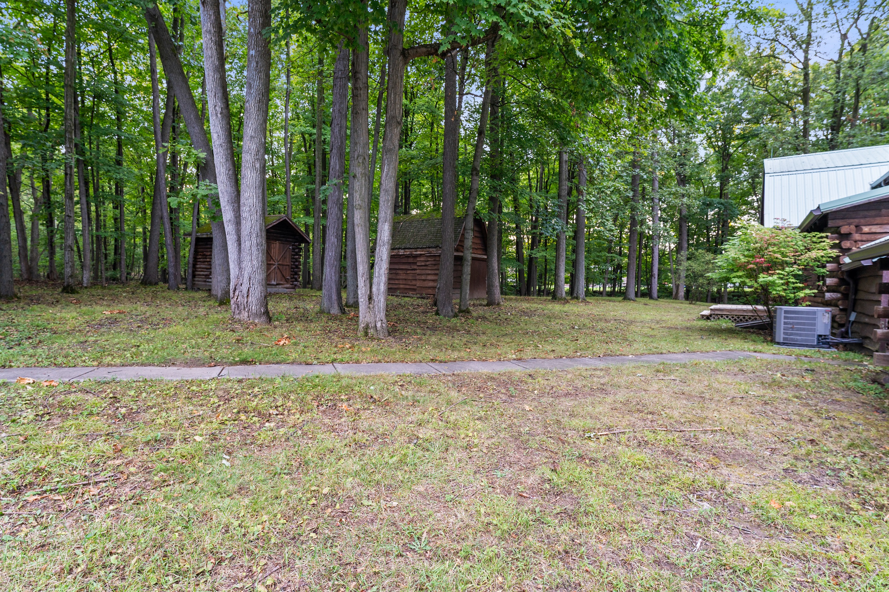 Explore the cabin’s expansive yard with rustic outbuildings, creating a true woodland retreat feel.