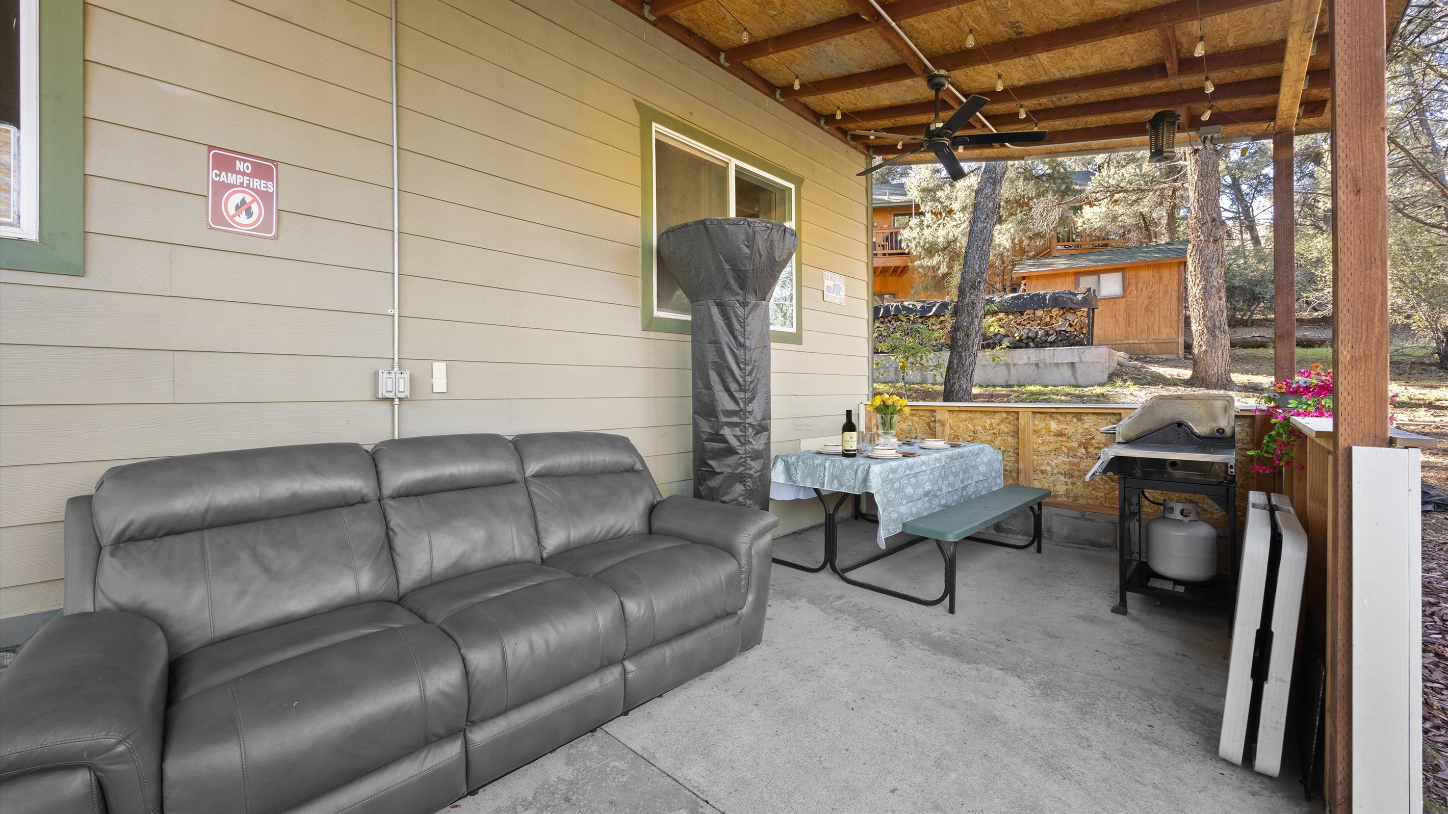 Serene back patio, surrounded by peaceful nature and fresh mountain air.