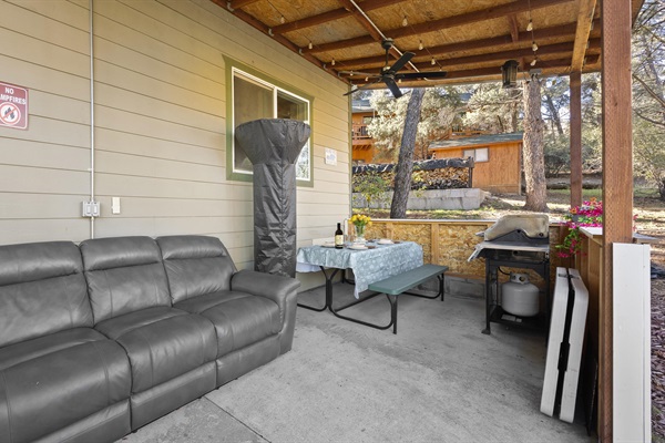 Serene back patio, surrounded by peaceful nature and fresh mountain air.
