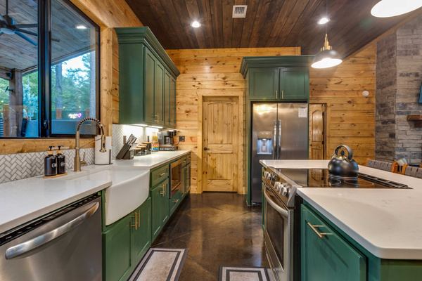 Expansive countertops and a well-equipped kitchen make it easy to cook and gather together
