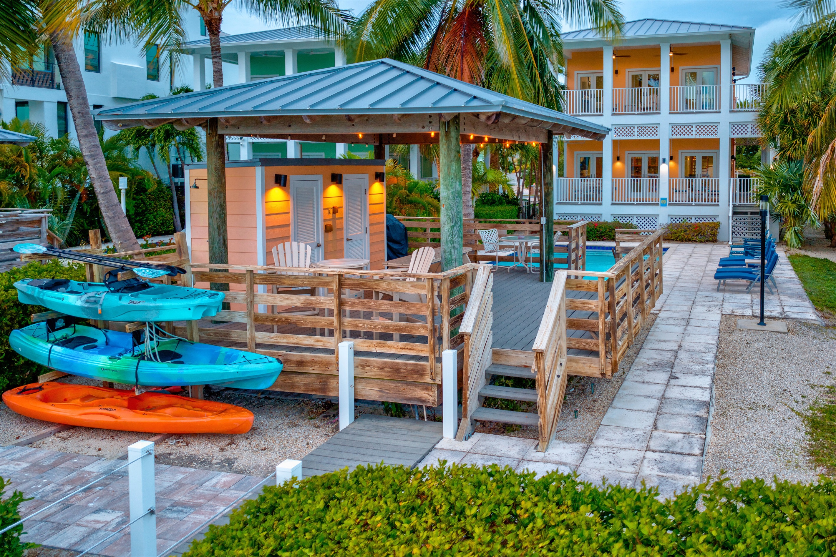 The exterior space comes alive as the sun goes down, making the evenings much more enjoyable.