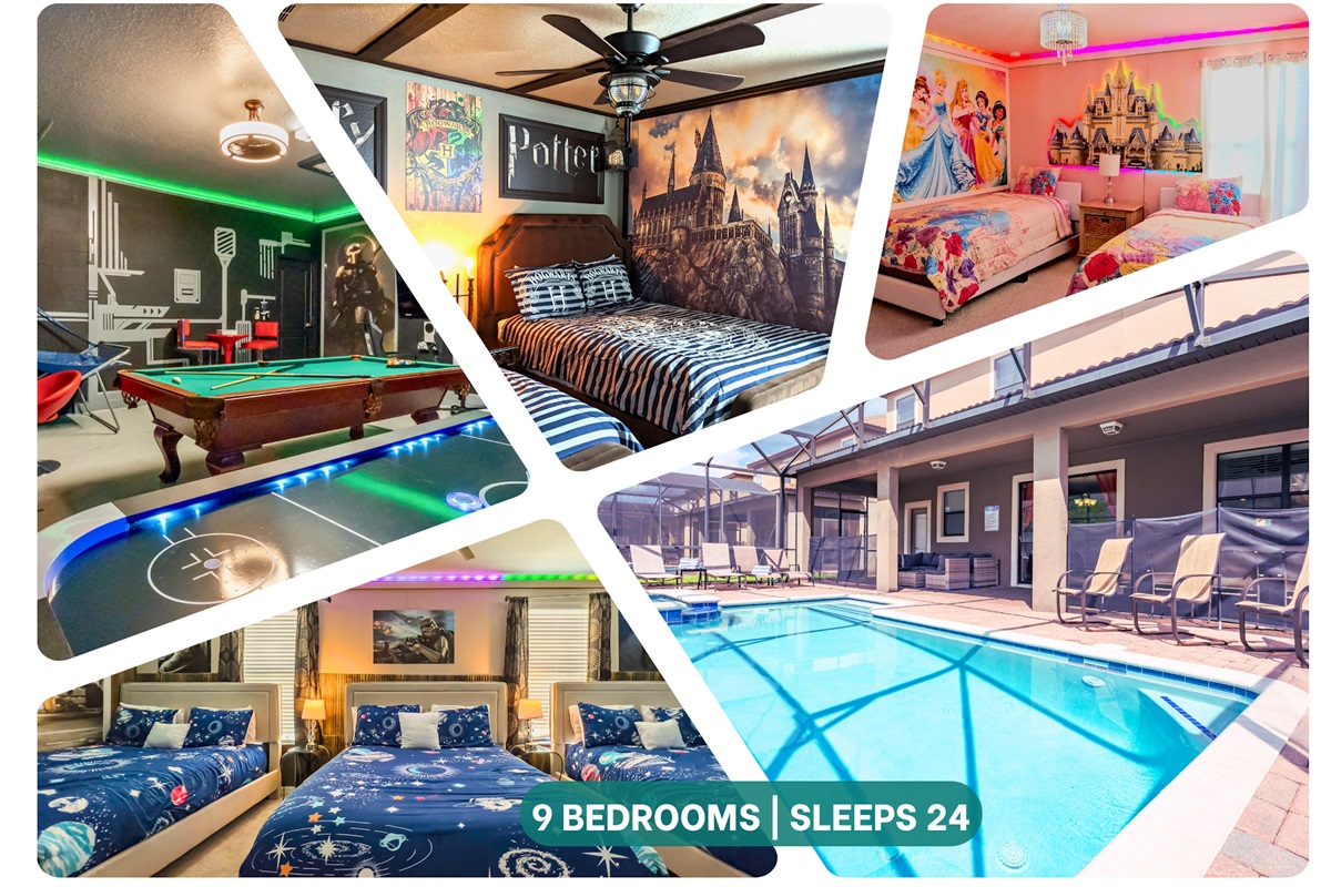 Huge private pool, game room, themed bedrooms. Perfect for large families!!