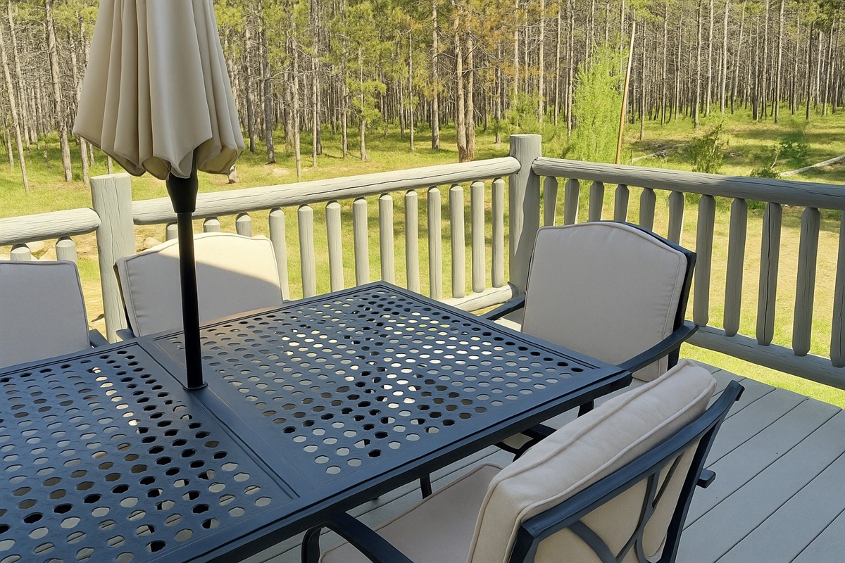 Sunny deck with forest views and comfy seating for outdoor dining.