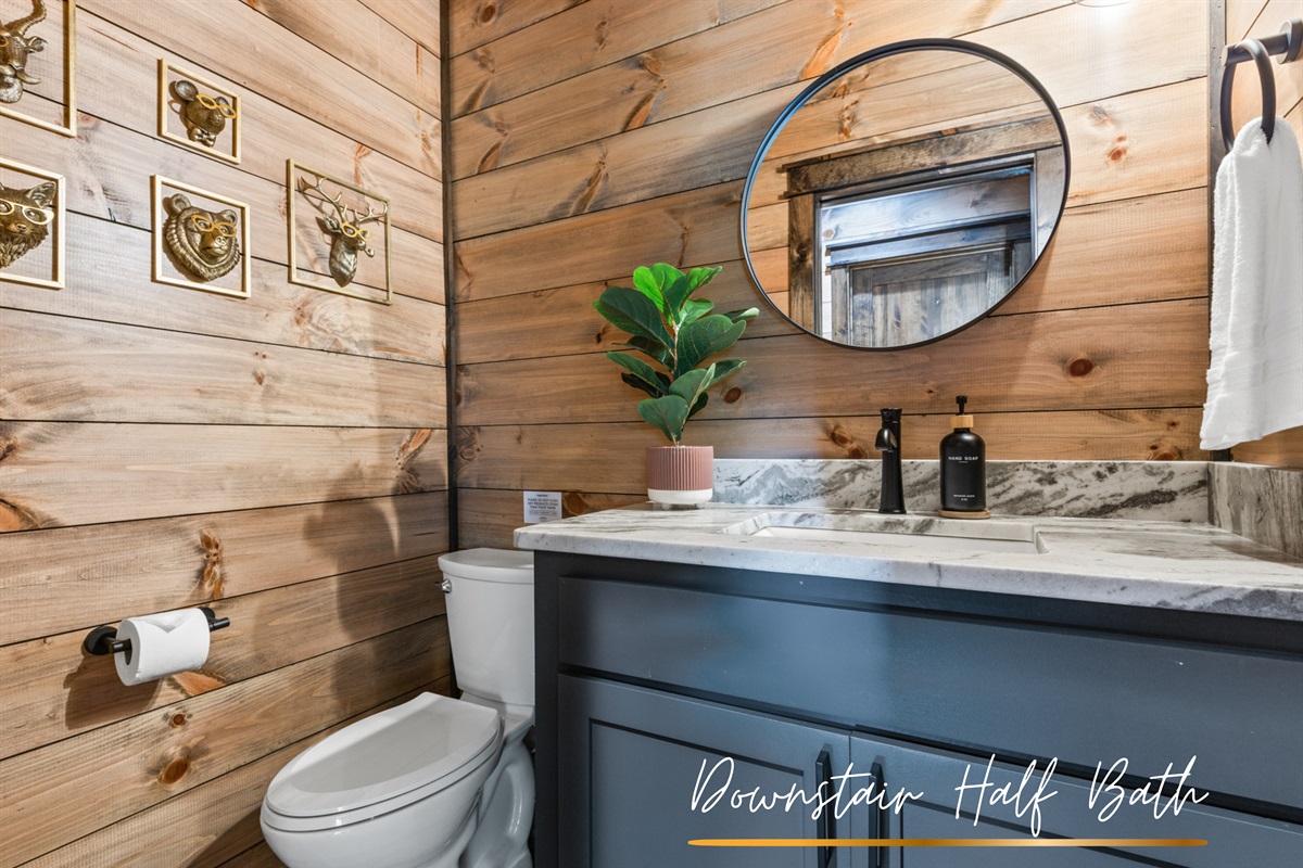 Downstairs half-bath that balances function and flair.