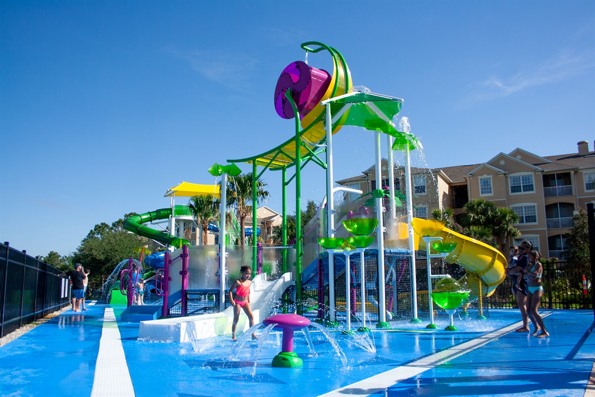 The kids and the young at heart will love splashing and sliding down the smaller slides at the splash park. 