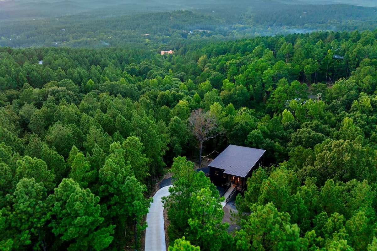 Aerial view of the Honeycomb Hideout at dusk.