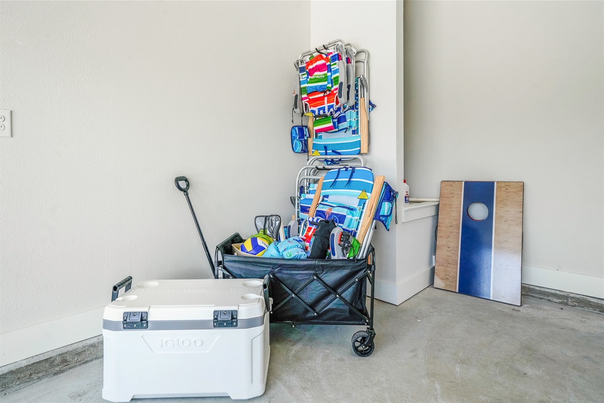 Spacious garage with beach gear