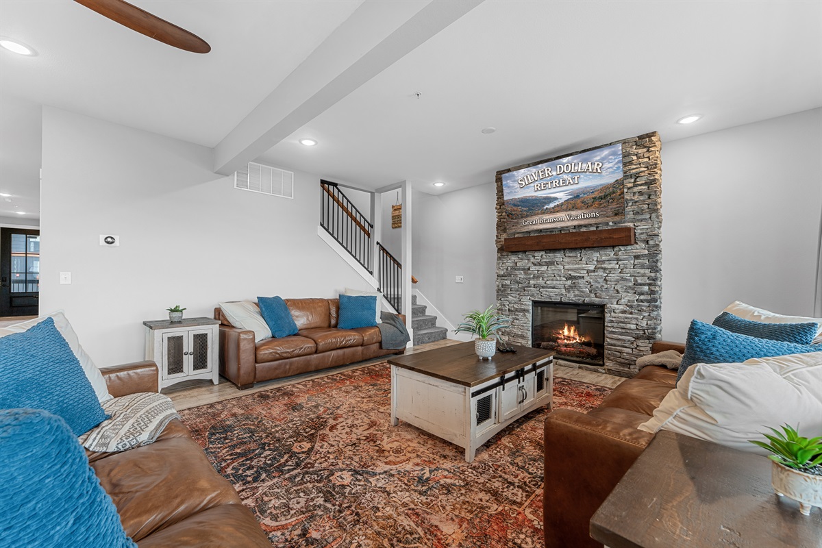 Great Room with electric fireplace and 65 inch smart TV