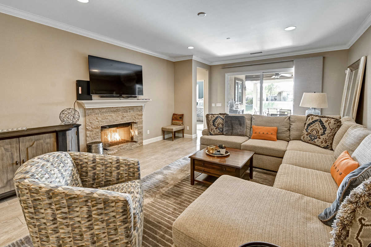 Living Room, Fireplace and Entrance to Back Patio