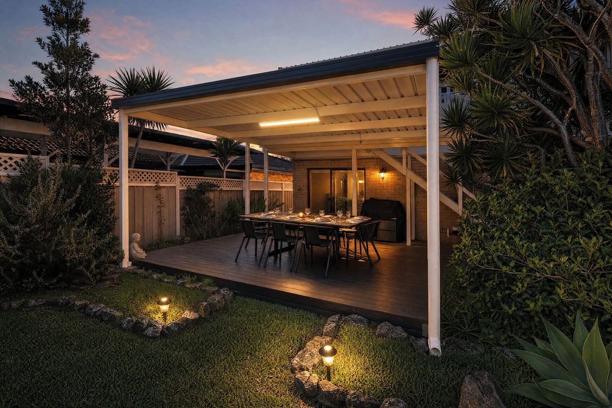 The covered deck at Luna’s Sanctuary features outdoor dining, garden lighting and barbecue space for easy meals at the house.