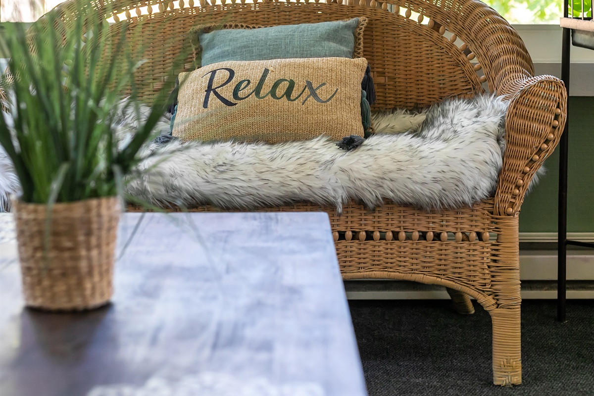 Guests enjoy starting the morning in the quiet sunroom, sipping coffee while taking in the peaceful surroundings