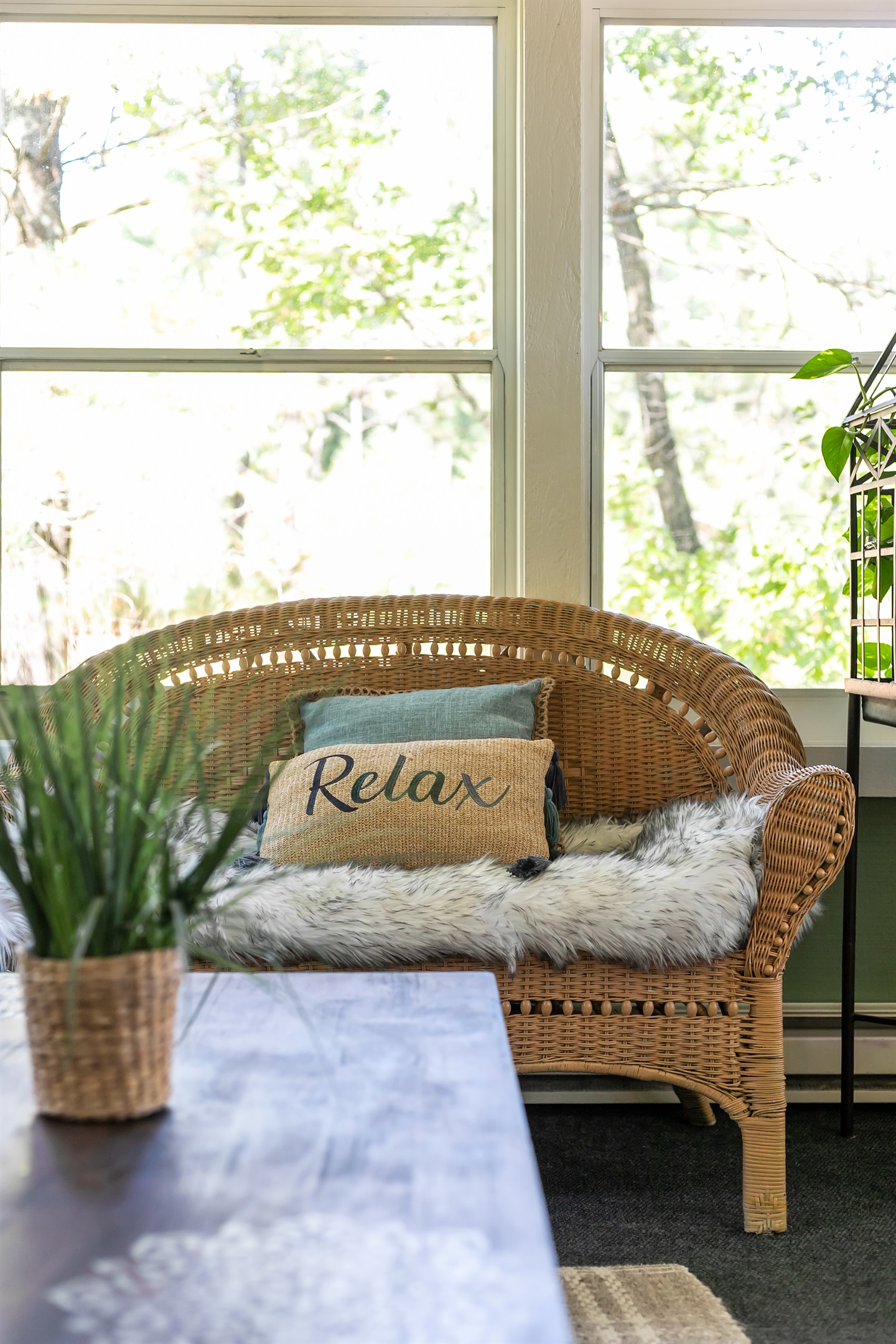 Guests enjoy starting the morning in the quiet sunroom, sipping coffee while taking in the peaceful surroundings