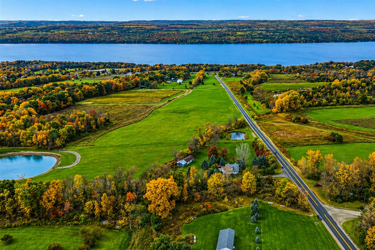 A stunning aerial shot capturing the entire property and its surroundings from above.