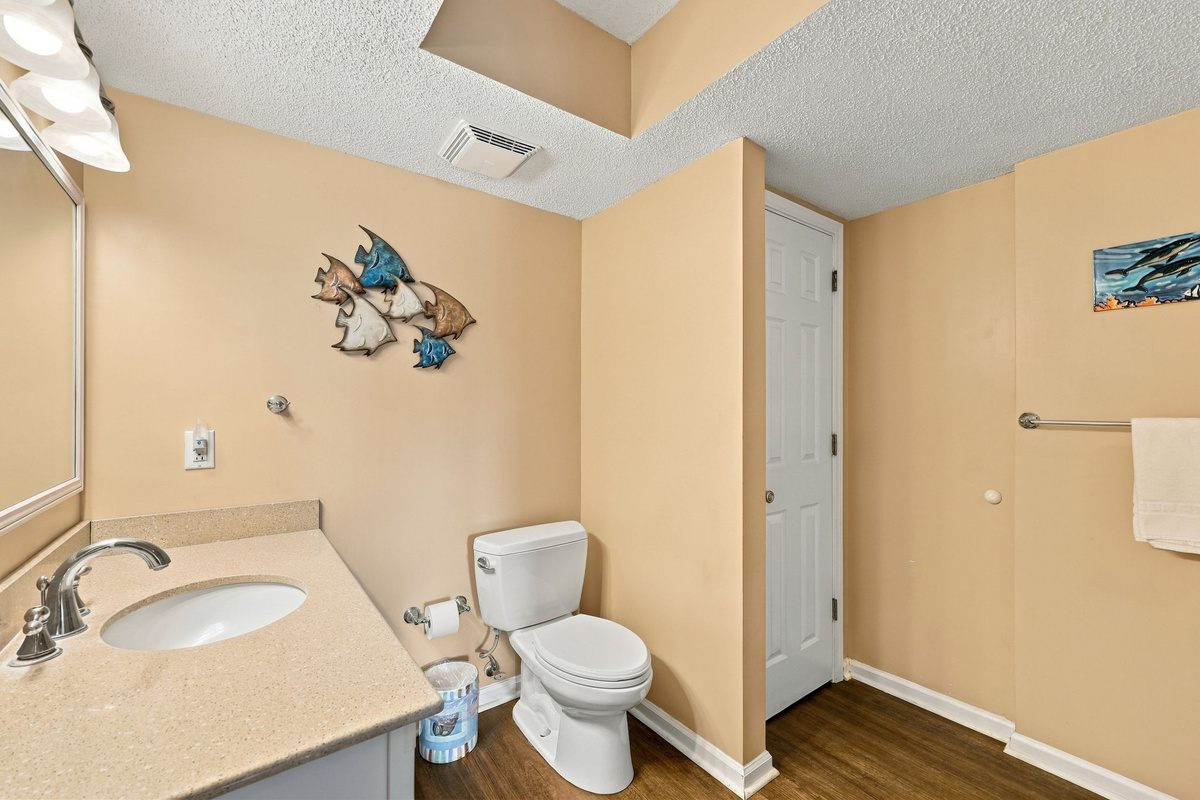 Ensuite master bathroom featuring warm beige walls, a neutral vanity countertop, toilet, and wood-look flooring.