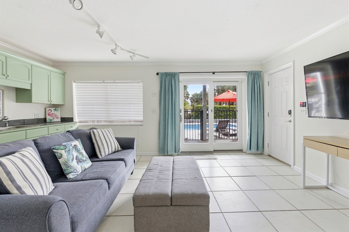 Sink and mini fridge in living area