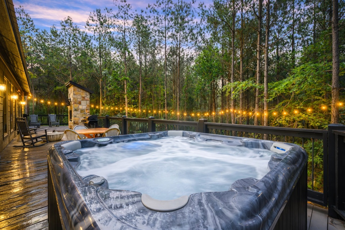 An 8-seater hot tub awaits you