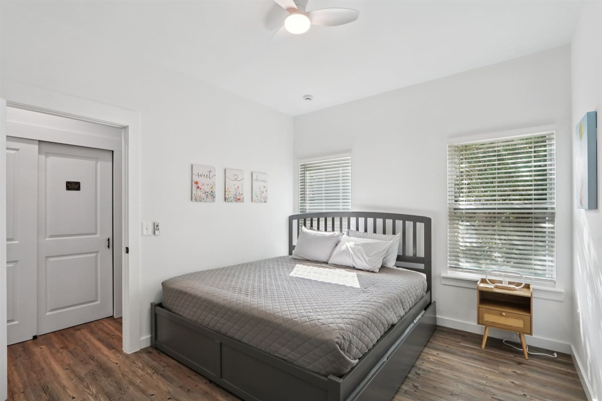 Primary Bedroom has King Bed with Twin Trundle underneath, pack n' play in closet, full en-suite bathroom, 2 closets, Smart TV