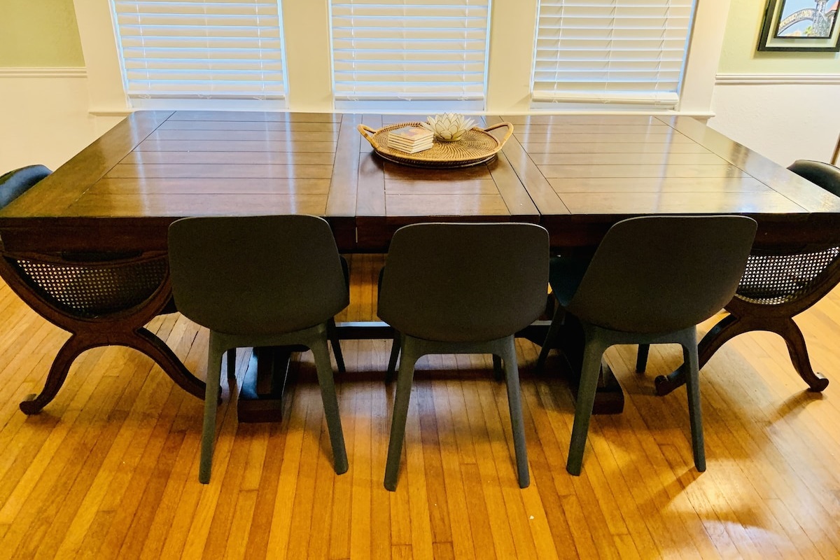 The dining table seats 8 and the bar provides a fun spot to hangout!