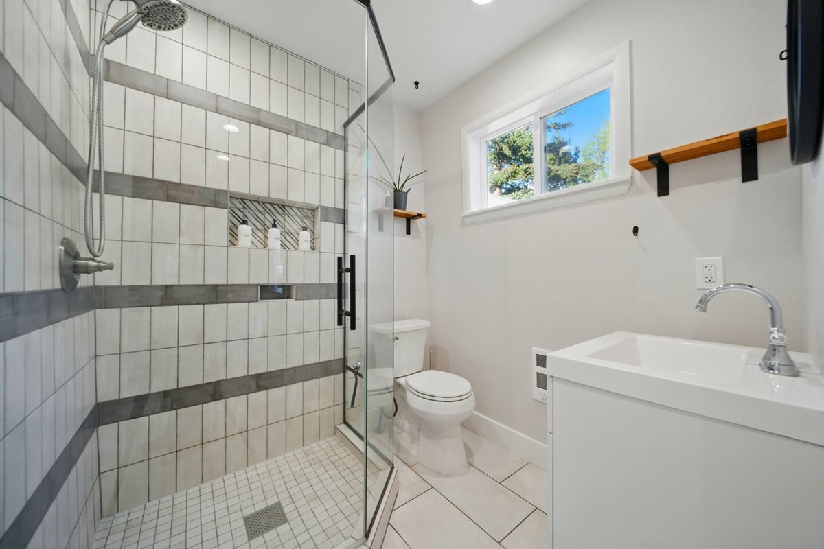 Walk in shower & vanity. 