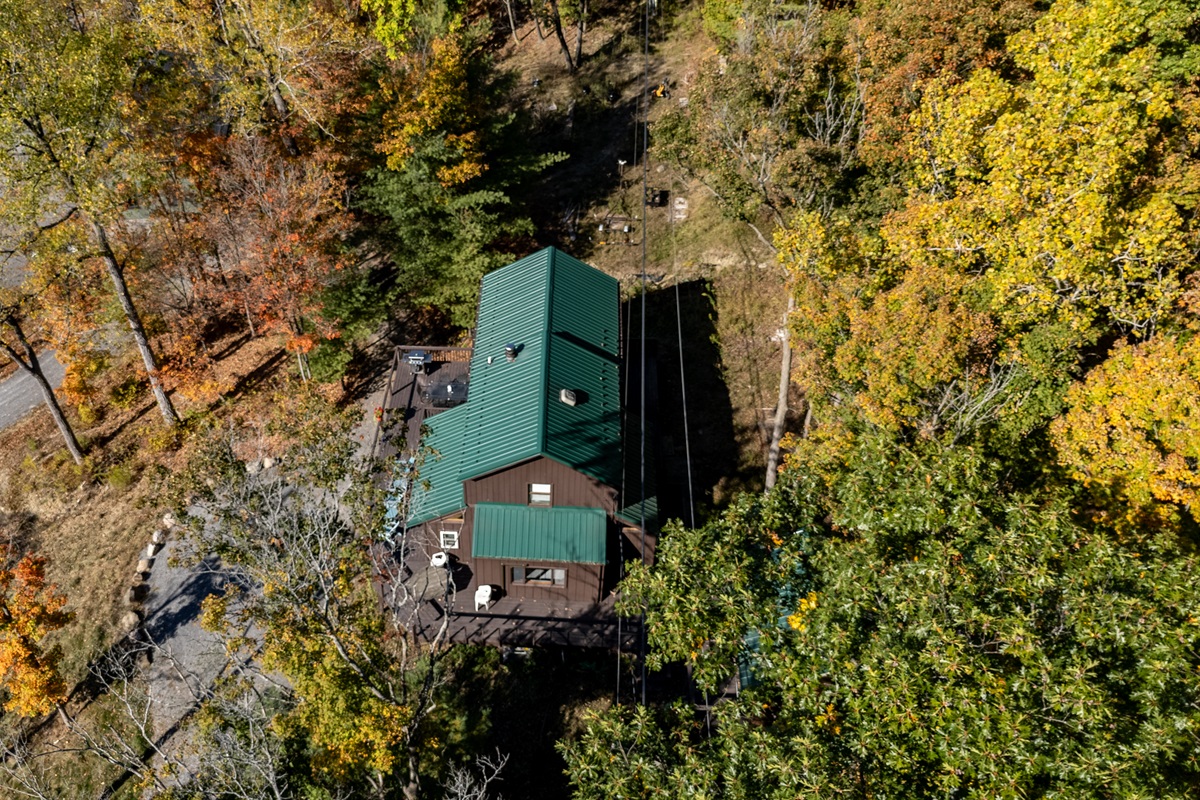 Aerial view of the cabin tucked into the trees above Keuka Lake — your hillside escape.