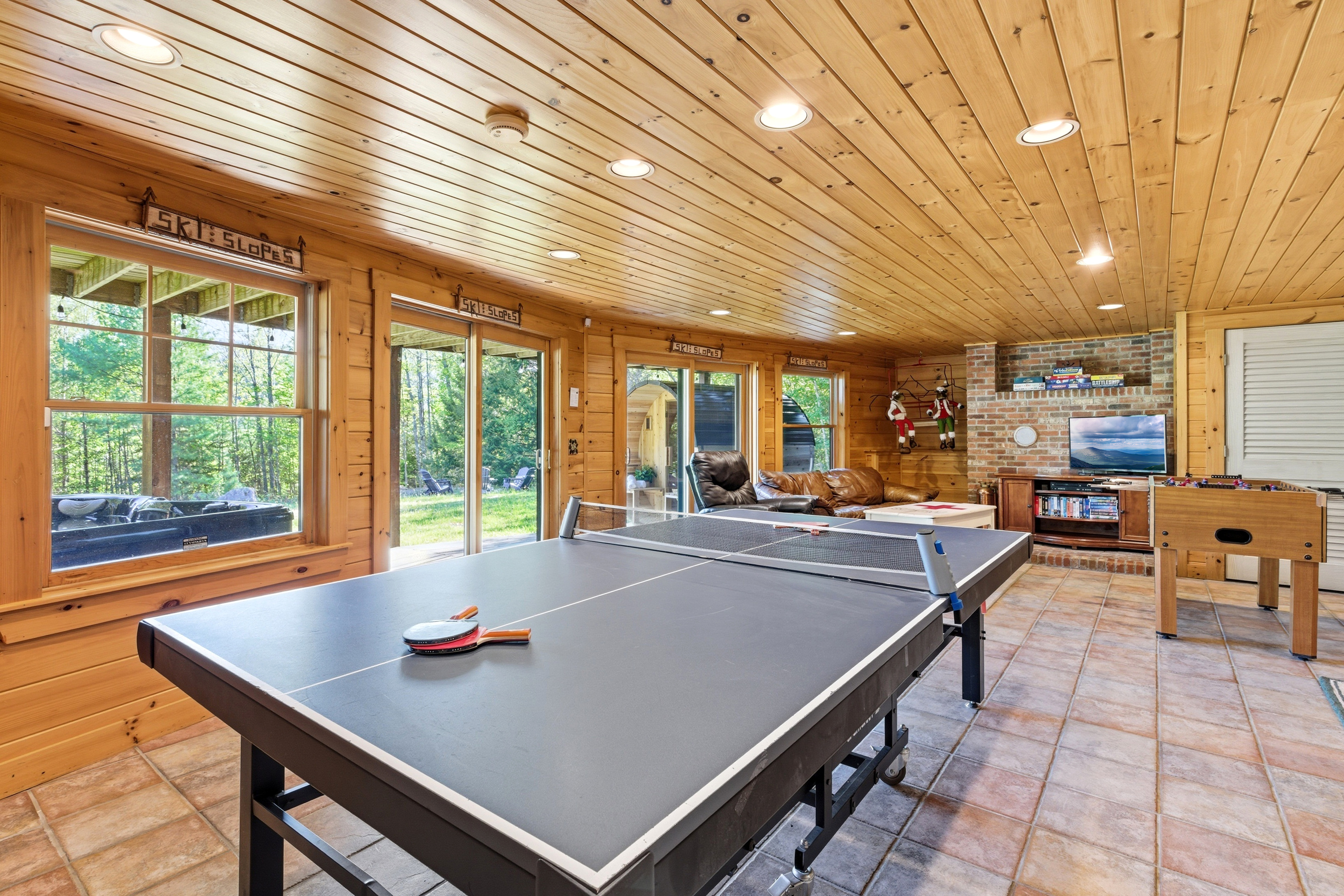 Enjoy hours of indoor fun with ping pong, foosball, and plenty of room to gather.