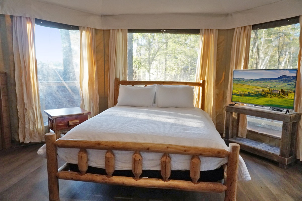 Sun-drenched room with window views and a comfy log bed awaits your getaway!
