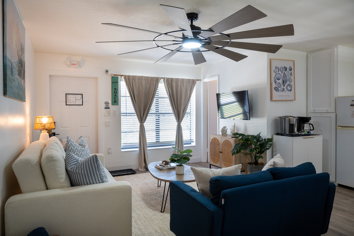 Living room from the kitchen – one bright, open space