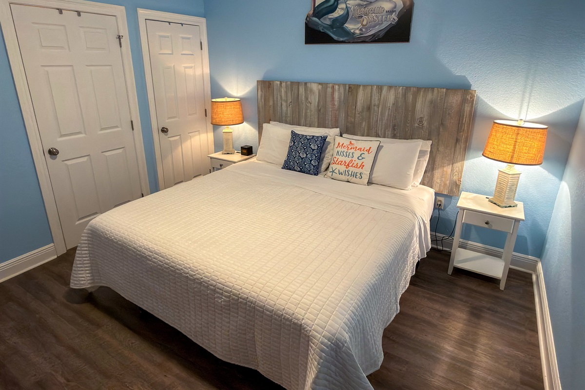 Beach-inspired artwork and seaside décor give this retreat a lighthearted charm that instantly feels like vacation.