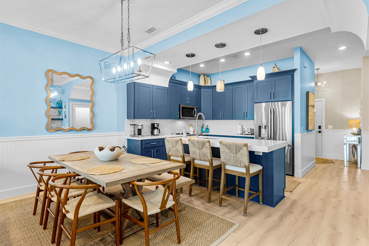 Fully equipped kitchen: granite counters, stainless appliances, plus a wine cooler/ice-maker & kitchenette. Dining room and breakfast bar seat 10 comfortably
