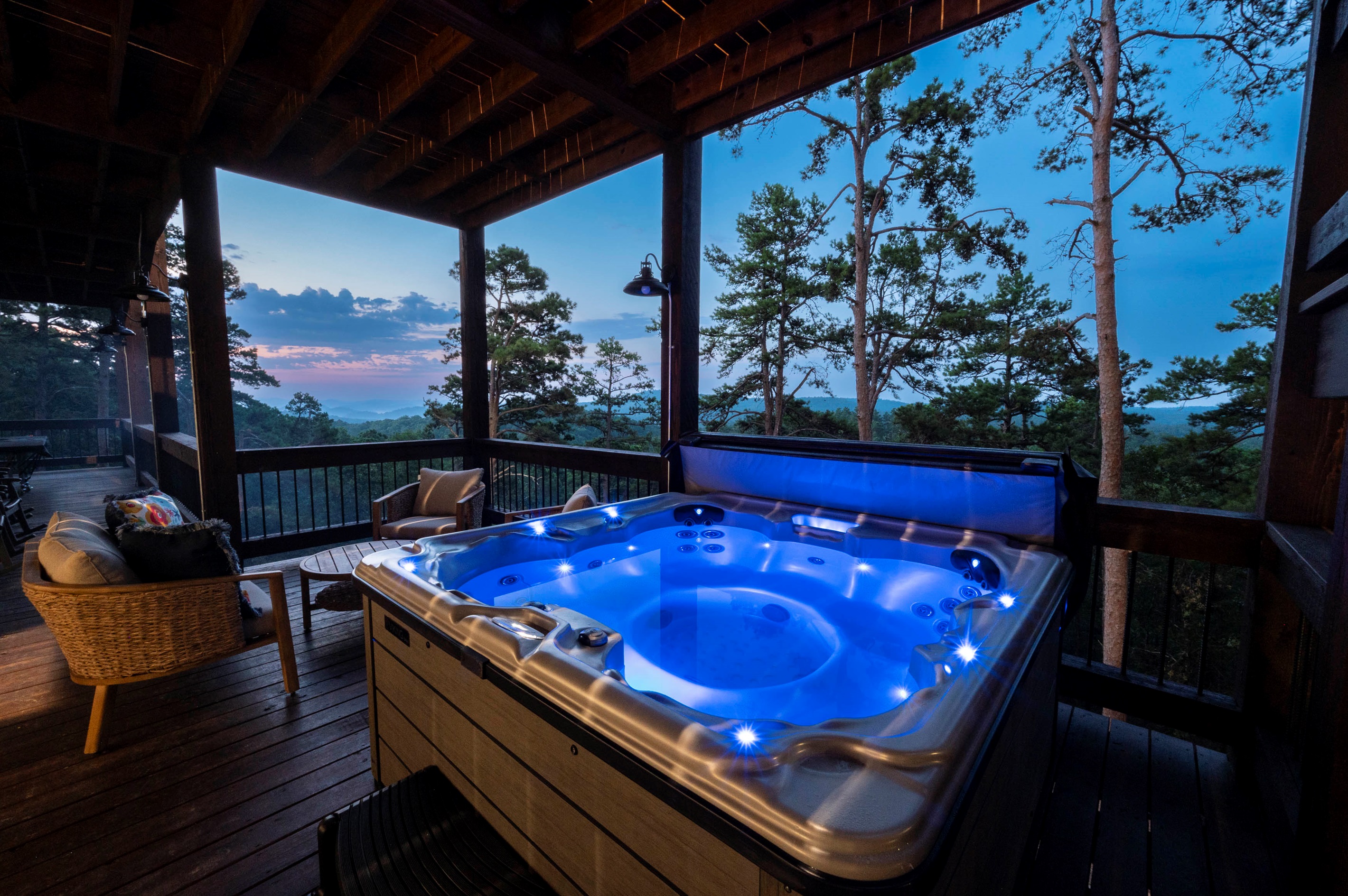 Private hot tub with breathtaking forest and mountain views