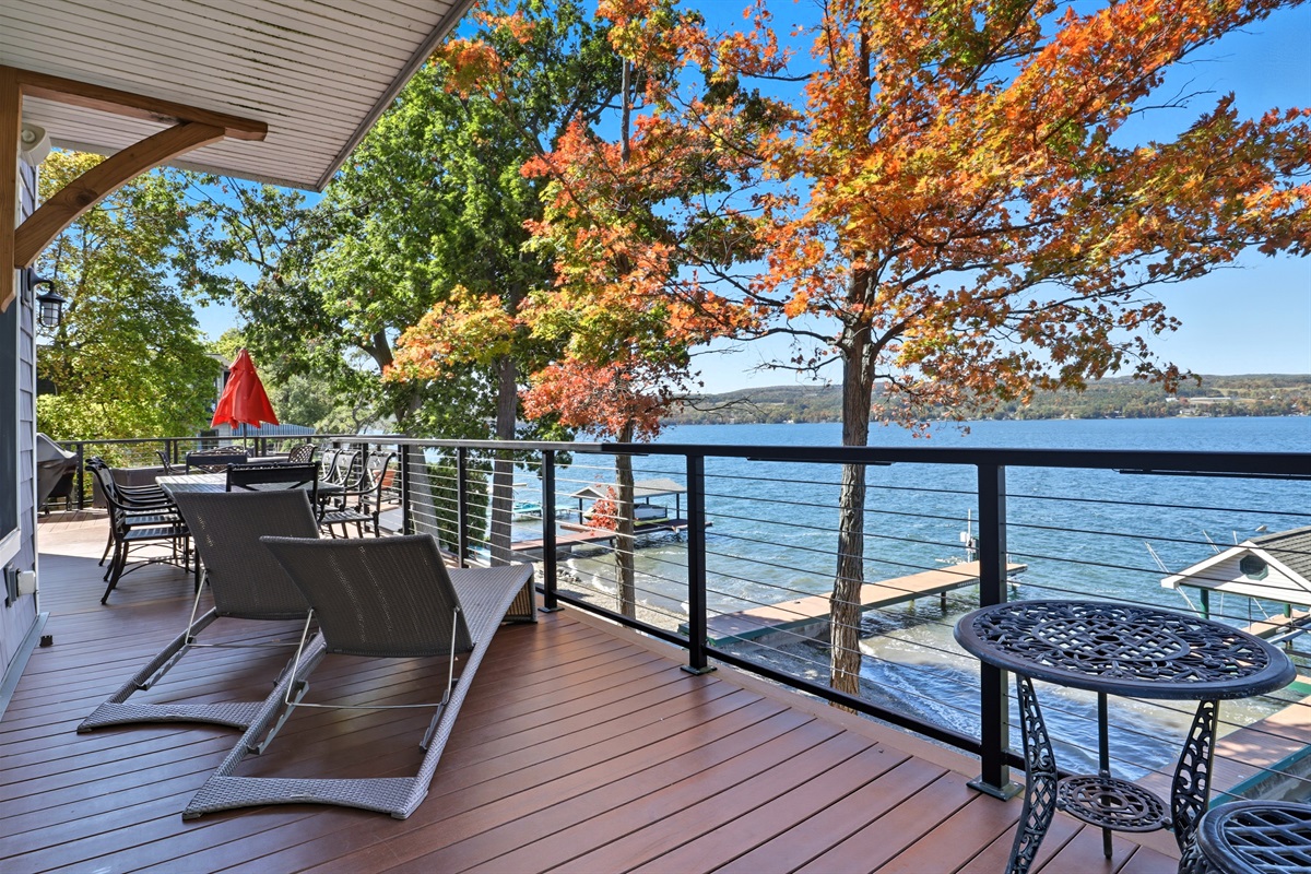 Lakeside deck with lake views and ample space to lounge.