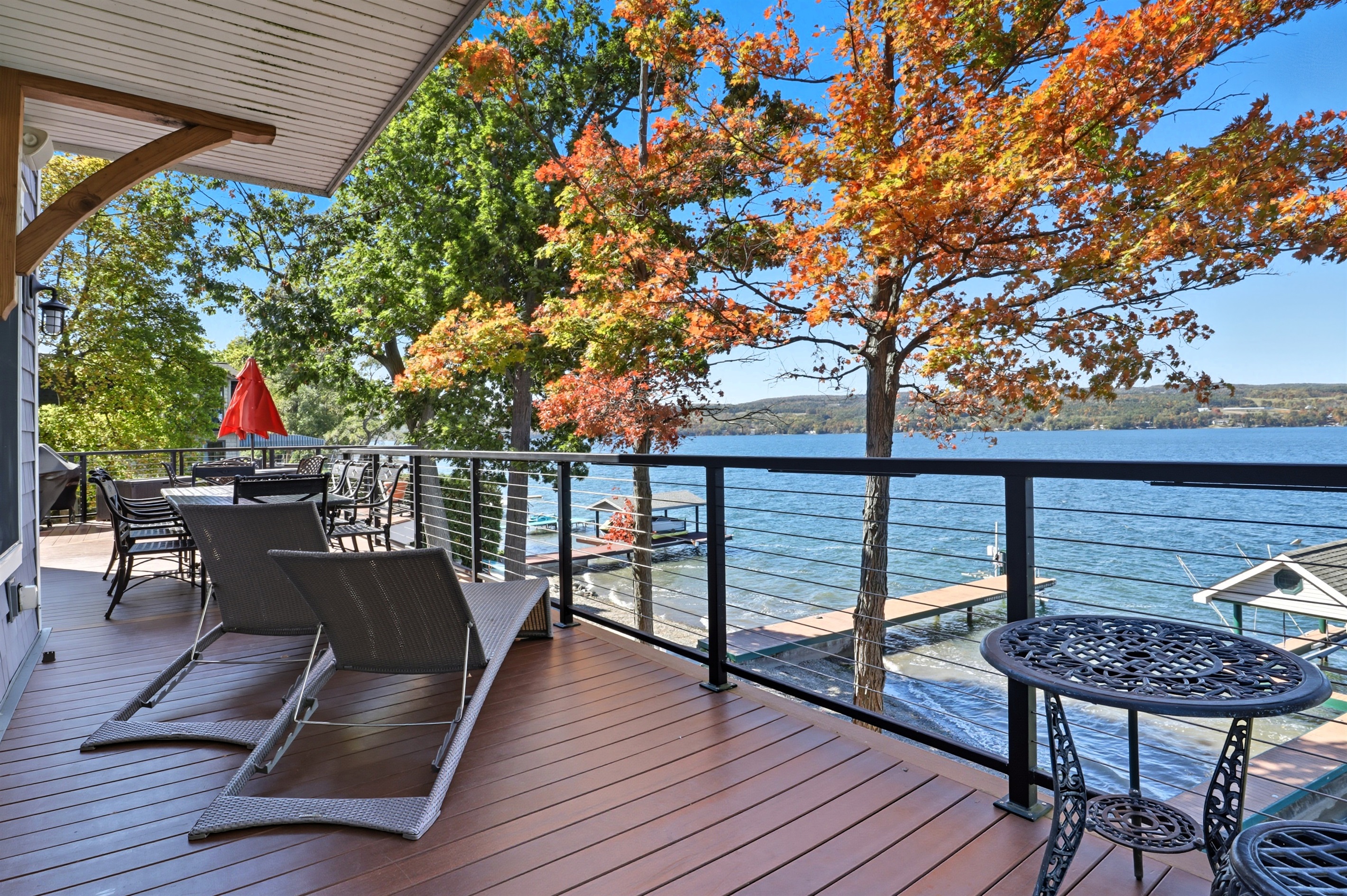Lakeside deck with lake views and ample space to lounge.