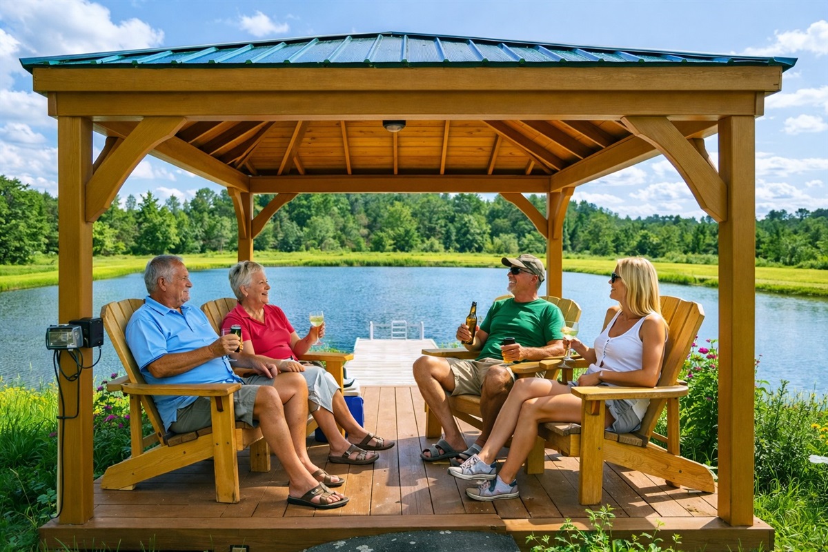Gather with friends and family beneath a rustic pavilion by the pond, complete with classic Adirondack chairs and picture-perfect views.