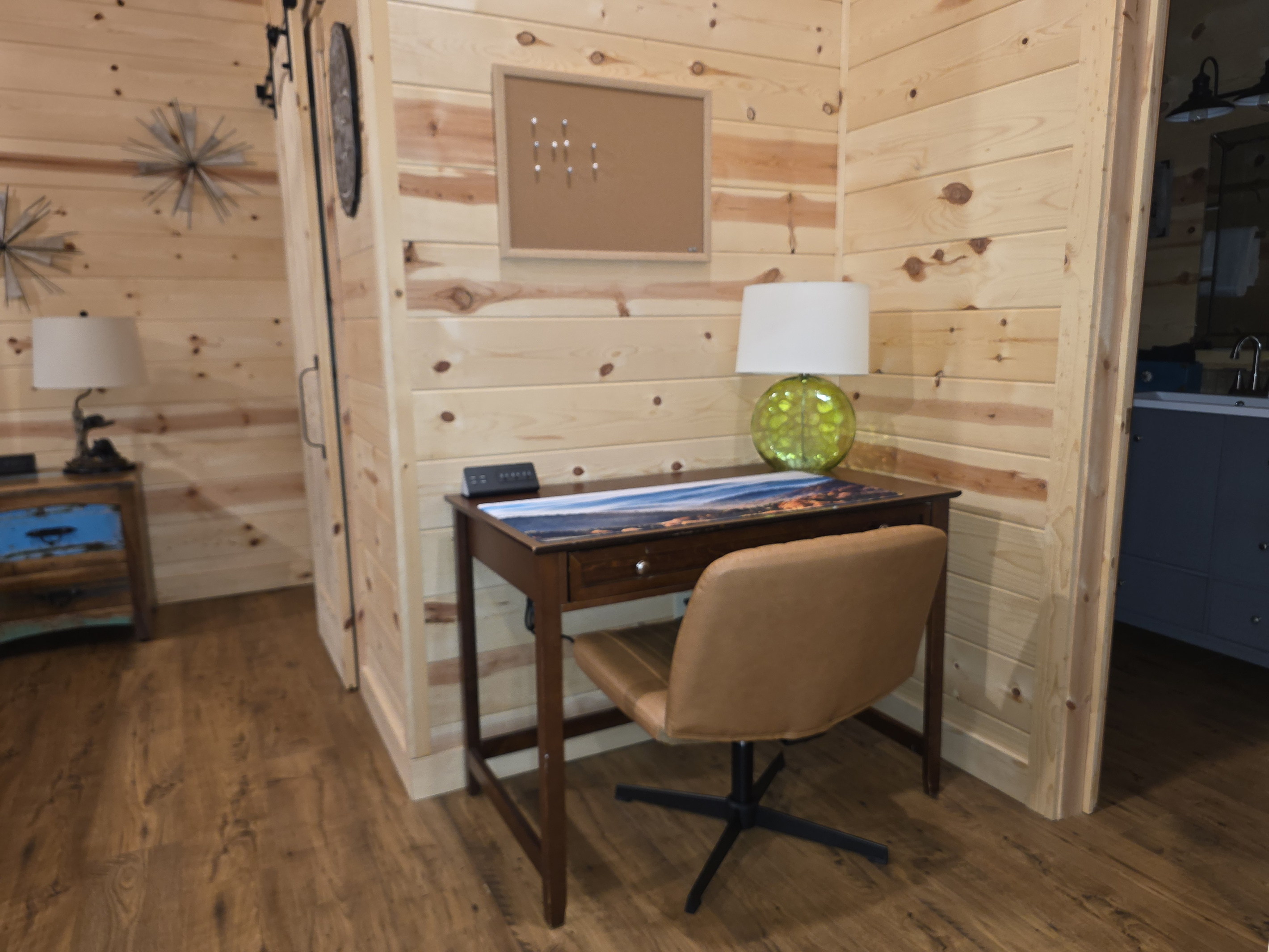 Dedicated office desk and comfy chair.