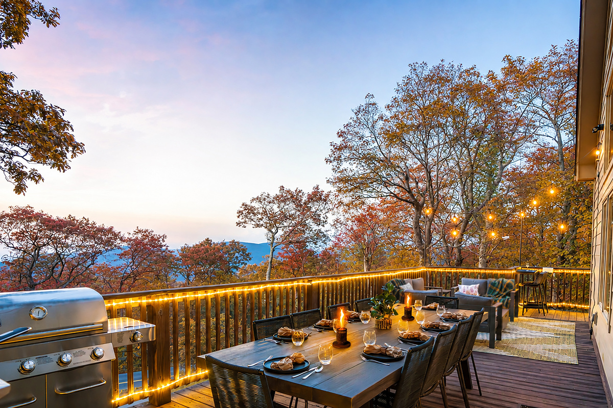 Twilight on the deck — mountains fading in the distance, wine glasses catching the glow of string lights, dinner sizzling on the grill. This is what gathering should feel like