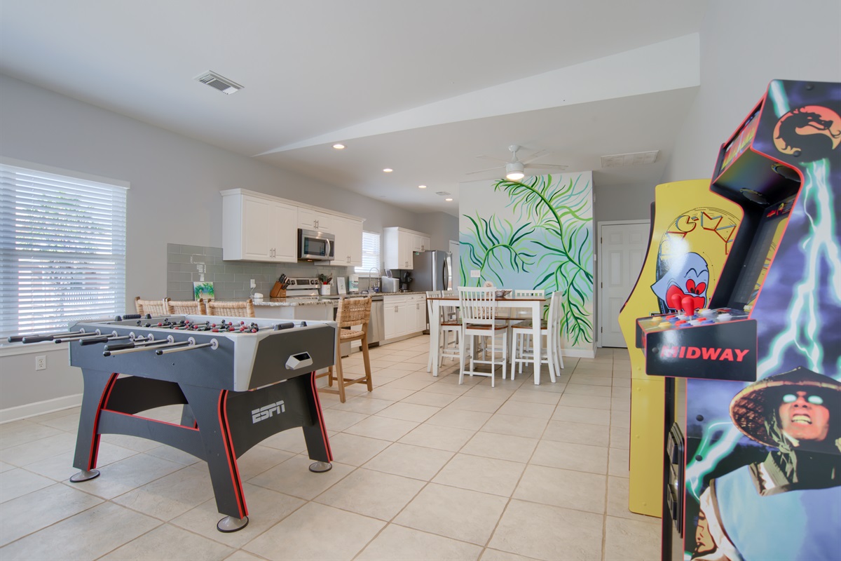 Foosball table, arcades, open kitchen