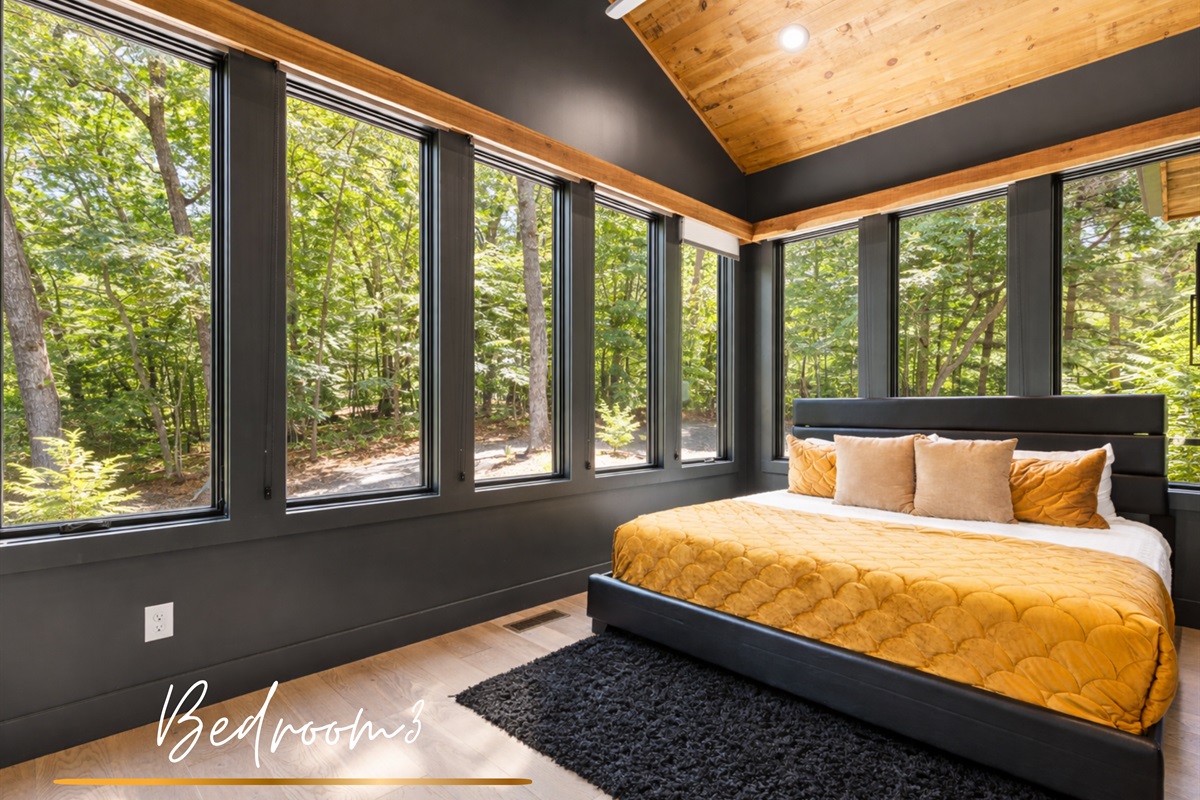 The third bedroom offers a stylish, light-filled retreat with a plush king bed, while a cozy twin bed in the loft above provides an additional sleeping space, perfect for guests seeking both comfort and flexibility in a thoughtfully designed setting.