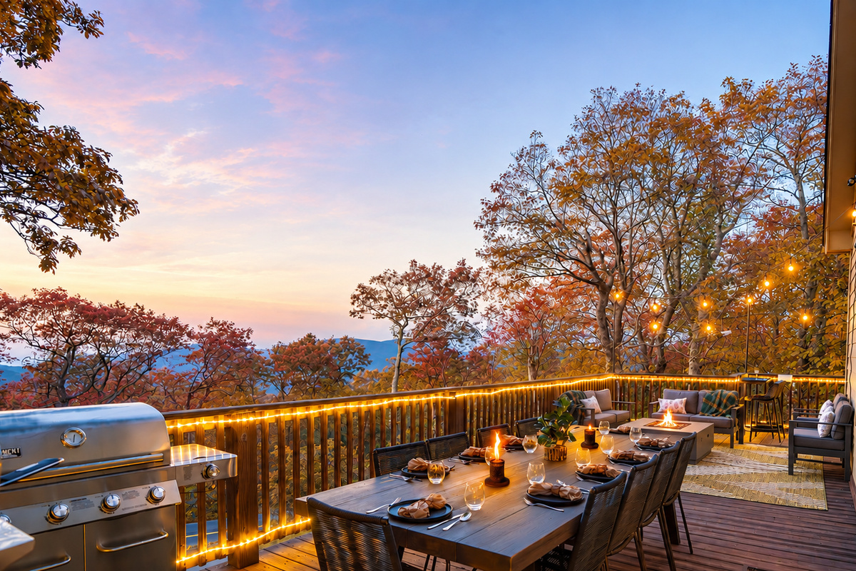 Twilight on the deck — mountains fading in the distance, wine glasses catching the glow of string lights, dinner sizzling on the grill. This is what gathering should feel like
