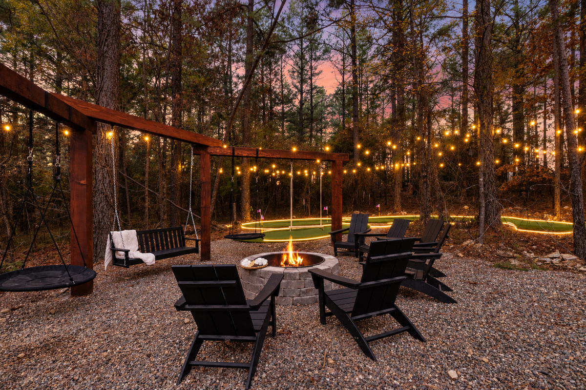 The perfect combo of cozy warmth & fun: a swing set with a custom bench swing, saucer swings, & wooden swings around the firepit. Host-provided starter set of firewood & s’mores essentials make it easy to enjoy a seamless experience! 