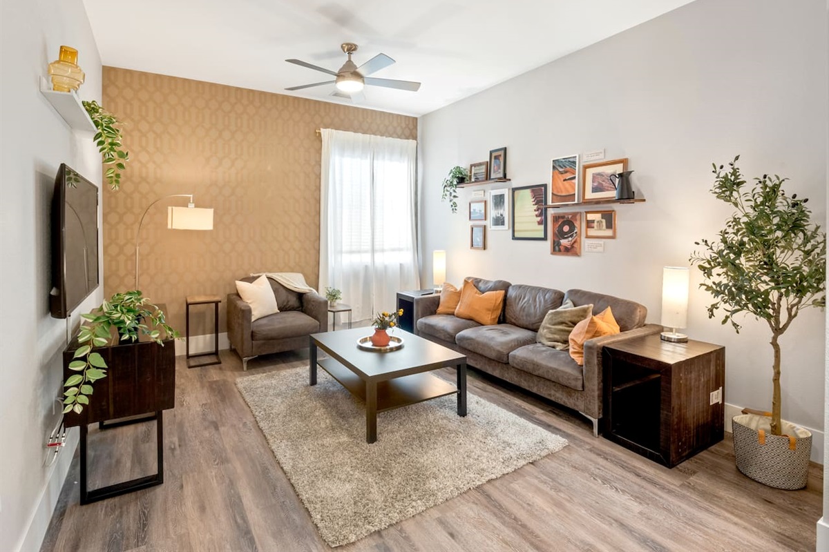 Living room with pull out couch with a Queen memory foam mattress. 