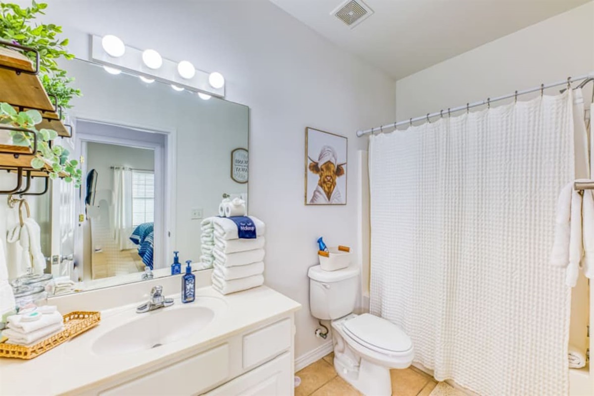 Charming Bathroom: Relax in a bright space with elegant decor and fluffy towels at your fingertips!