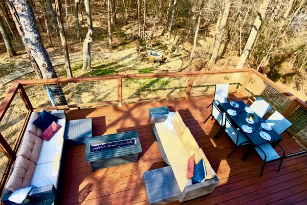Overlooking the Deck, Fire Pit, and Woods from the Upstairs Bedroom 