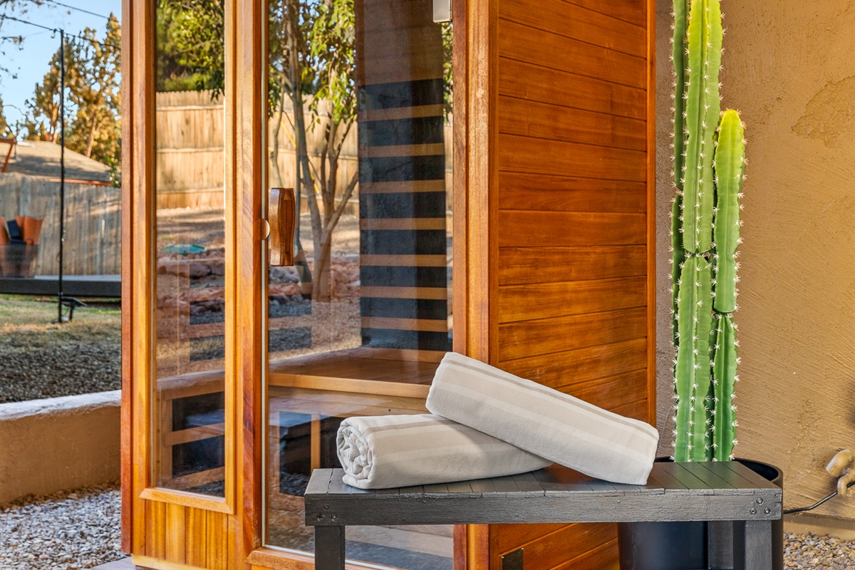 The private infrared sauna offers a warm, restorative space to relax, reset, and unwind after a day of hiking or exploring Sedona.